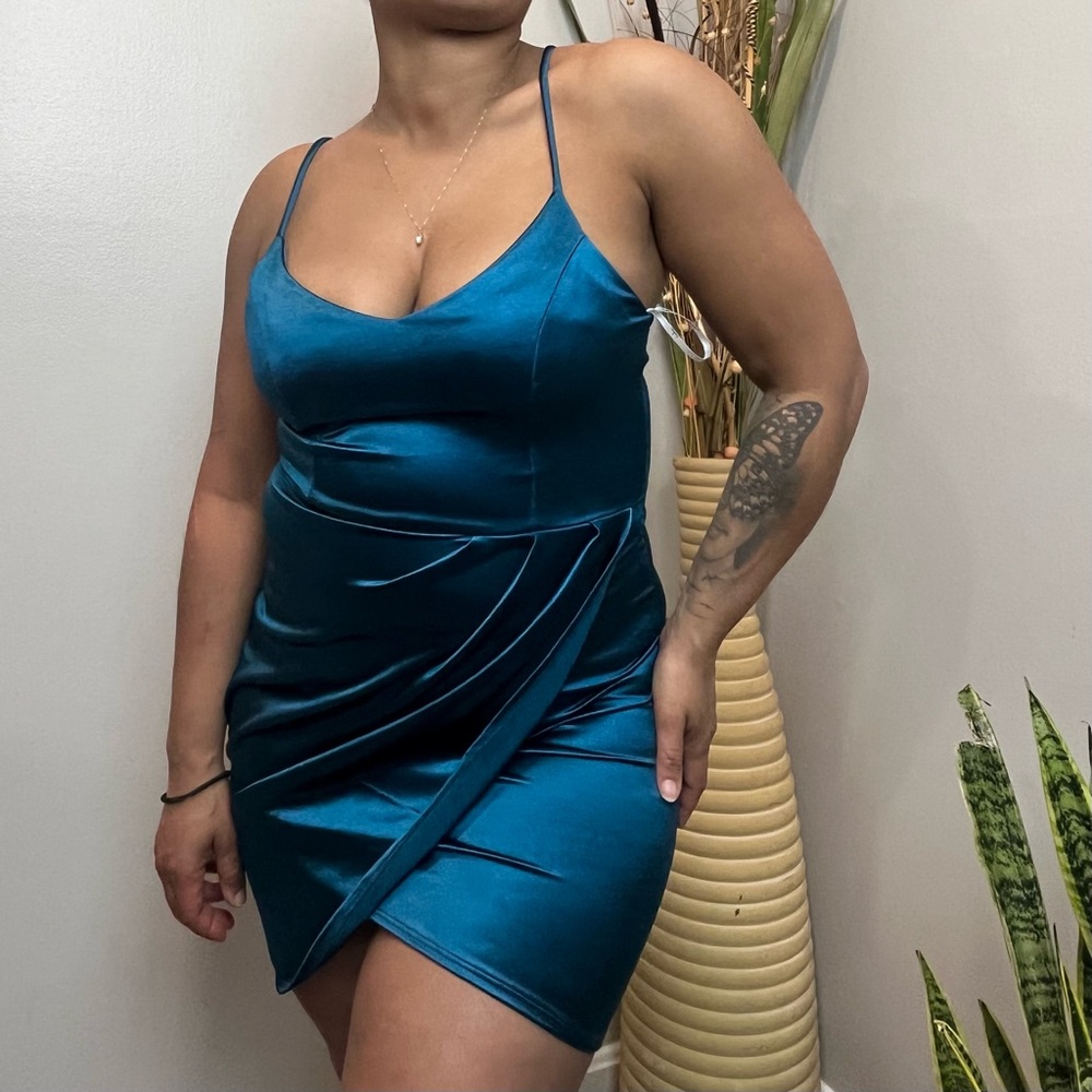 Lulus Teal Blue Satin Spaghetti Strap  Mini Dress